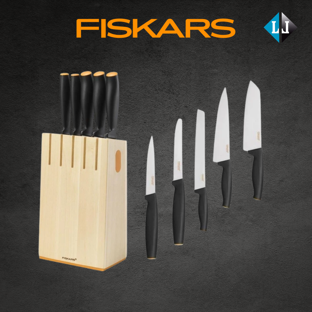 5 peilių rinkinys Fiskars 1014211 su mediniu stovu - Atsiimkite per 15 min! 5 peilių rinkinys Fiskars 1014211 su mediniu stovu - Atsiimkite per 15 min!